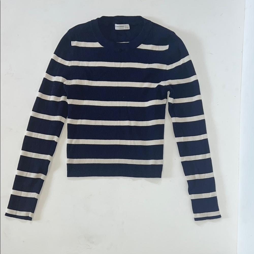 Stradivarius Navy and White Striped Knit Top